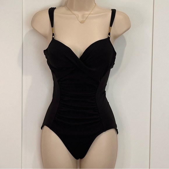 Robin Piccone One Piece Swimsuit Ruched Spaghetti Straps Gold Black Size 4 Beach - Picture 1 of 11